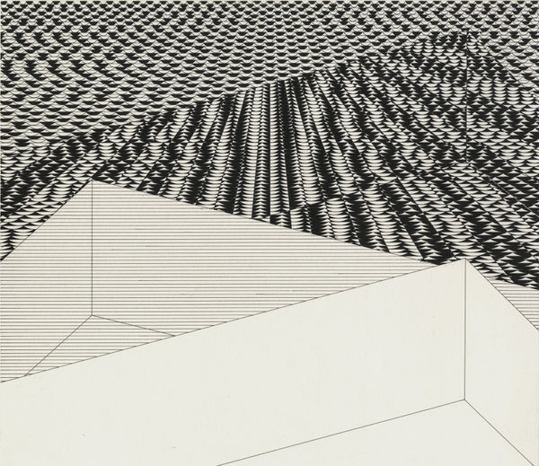 Abstract geometric pen and ink drawing with black ink on white paper