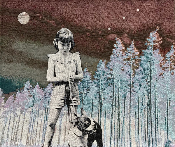 woven textile, girl with dog, forest setting, Orion's belt in sky