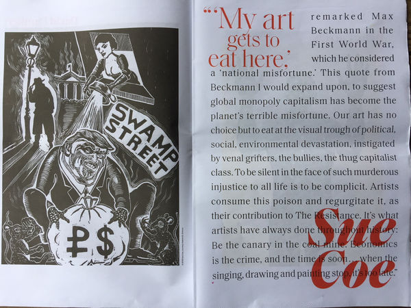 Photograph of exhibition catalogue opened to the entry for Sue Coe's linocut Swamp Street.