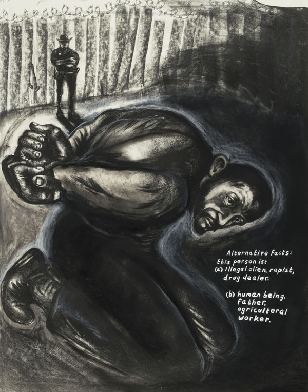 A black and white lithograph showing a man, bent over, with his hands handcuffed behind him. Text on the right hand side of the image questions whether this man is a threat, or just a human.