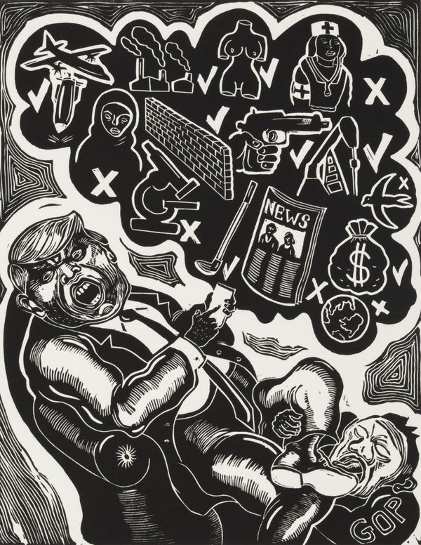 Image of Sue Coe's Tweeter in Chief, showing a caricature of Trump with pictures of things he likes to tweet about