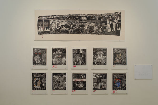 Installation photos of the exhibition "Sue Coe: It Can Happen Here," Galerie St. Etienne, New York, September 14 through December 30, 2020