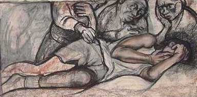 Drawing by Sue Coe showing a woman lying on her side crying, while her friends stand next to her