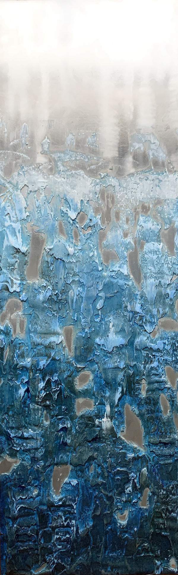 Blue resin and oil painting on aluminium plate. Ebb and flow series of contemporary art by Stephen Charlton