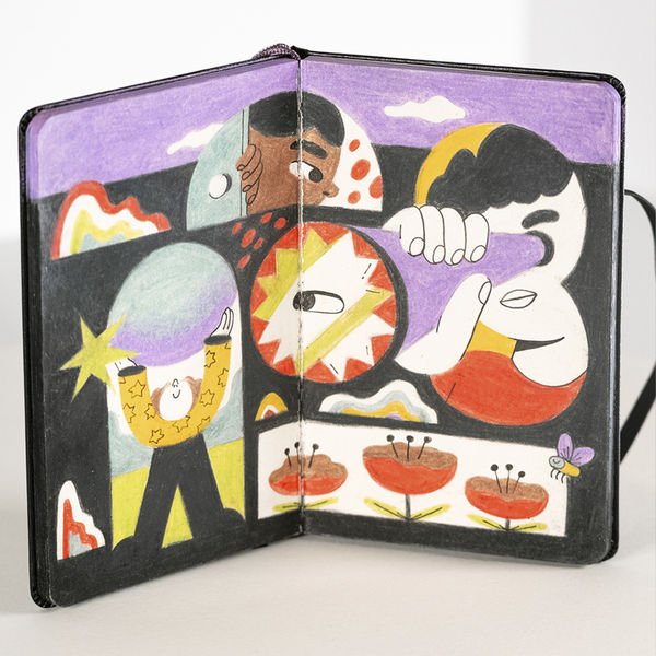 illustration of cartoon people drawn inside of a notebook