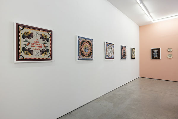 Install shot of embroidered velveteen pieces from "Inner Romance" exhibition by Marie-Claude Marquis