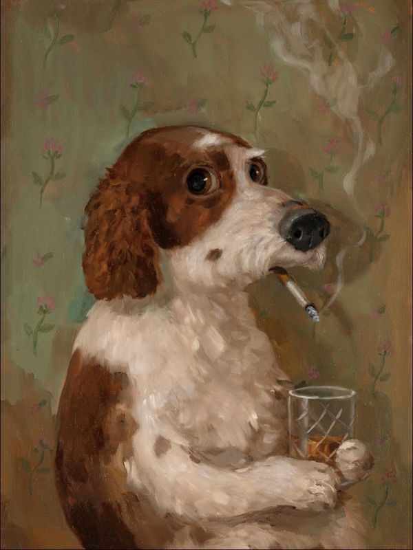 Alison Friend - painting of a dog holding a whiskey tumbler and smoking a cigarette