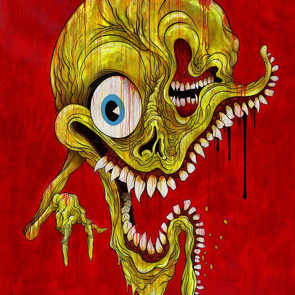 illustration of a monster face on a red background by Alex Pardee