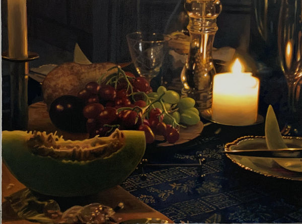 Frank Bauer, Stillleben mit Melone und Trauben, 2020