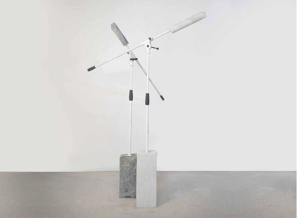 TALKING STONES, 2024, St-Léonard stone or Carrara marble, microphone stand, 140 x 20 x 30 cm