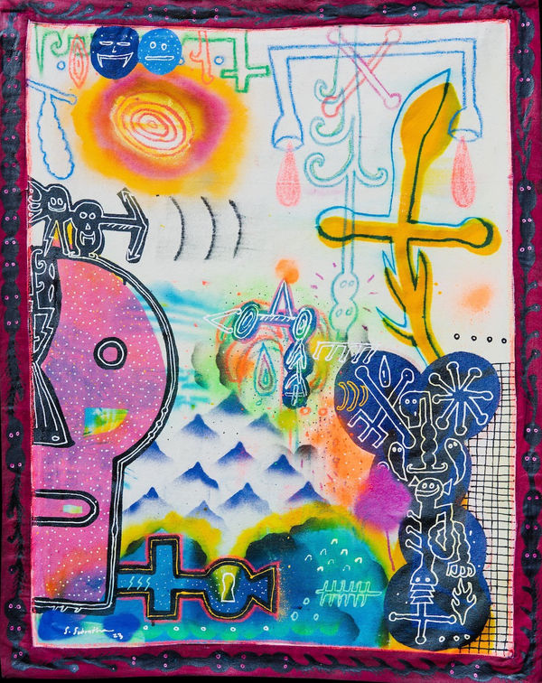 Surya Subratha Dripping Sun Acrylic, Aerosol, Oil Pastel on Canvas 40x30 in