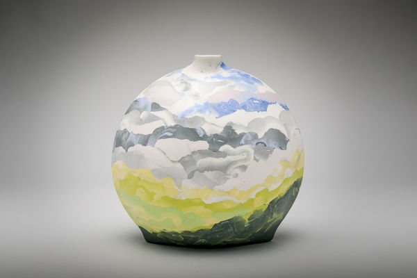 Country Walk Bottle Coloured porcelain and silver Kintsugi 14cms x 9cms x 20cms Judy McKenzie