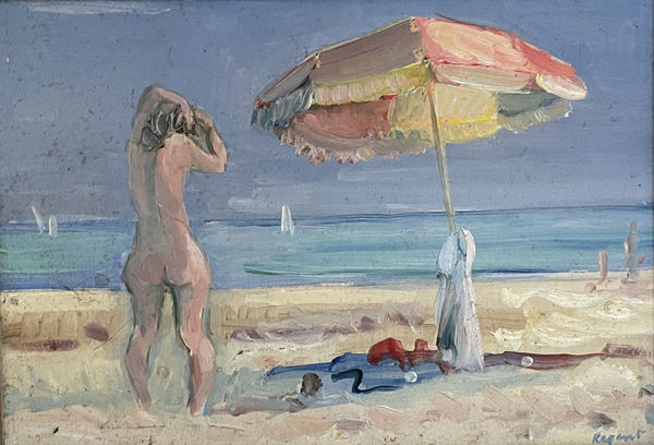 Peter Regent, Figure on beach by stripey parasol