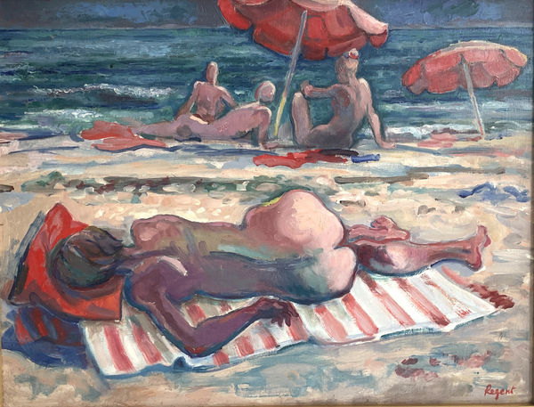 Peter Regent, Sunbathers with red parasols I