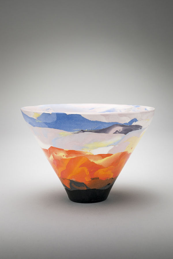 Orange Sunset small conical vessel Coloured porcelain and silver Kintsugi 8cms x 11.5cms Judy McKenzie