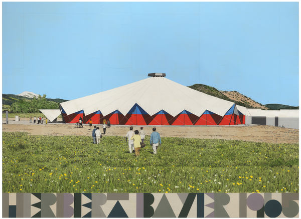 Evan Hecox Music Tent, Herbert Bayer 1965, 2022 Paper collage and acrylic on wood panel 26 x 36 in