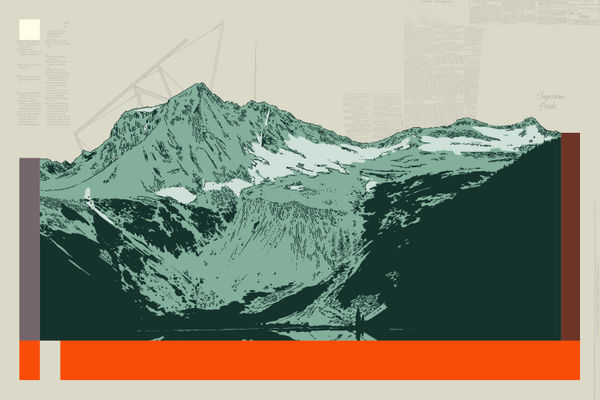 Evan Hecox Hagerman Peak Sketch, 2023 Paper collage and acrylic on wood panel 60 x 96 in