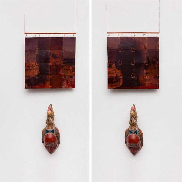 Lourival Cuquinha Cherif Saw, 2012 UV print on wood, copper, brass, and Senegalese mask 120 x 48 x 18 cm | 47.24 x 18.9 x 7.09 in
