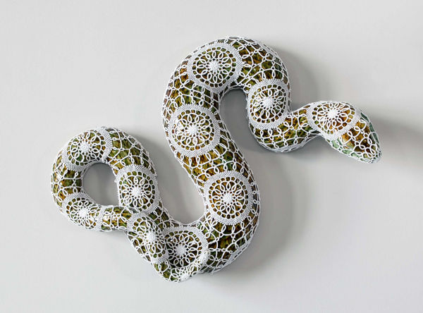 Joana Vasconcelos Megera, 2021 Rafael Bordalo Pinheiro faience painted with ceramic glaze, Azores crocheted lace 14 x 50 x 67 cm