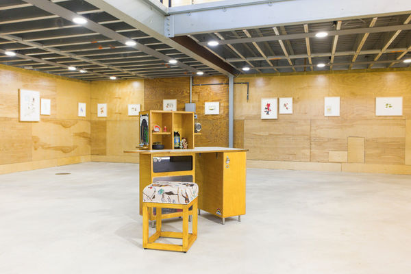 Installation view of NH DePass' exhibition at Sibyl Gallery titled Squiggle. The exhibition consists of roughly 40 framed drawings and one sculpture.