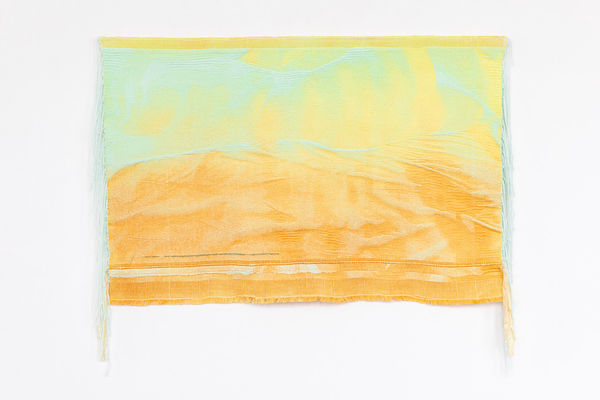 Mia Weiner Body Sky, 2024 Handwoven cotton, acrylic, and silk, dye, apatite crystal beads 36 x 45 inches