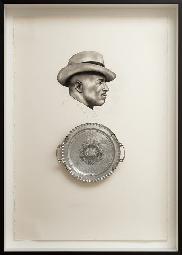 Whitfield Lovell Spell No. 16 (I Am Here Because There Is You), 2023 Conté crayon on paper with attached found object 66.5 x 47.75 x 6.25 inches