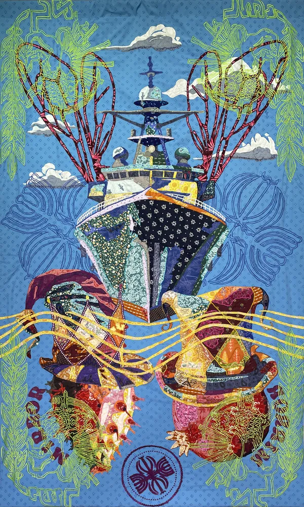 'Infighting IV', Silk Embroidery On Cotton Fabric Applique, 68.5 x 41.25 in, 2025