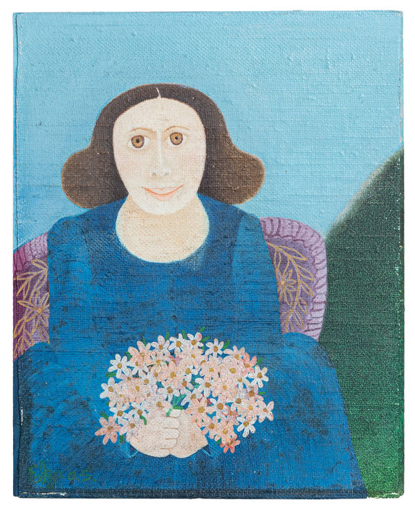 Elza O.S. Mulheres com flores, Déc. 60 Óleo sobre placa 24 x 19 cm