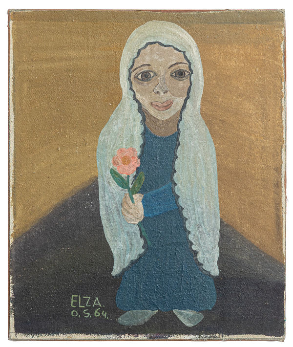 Elza O.S. Mulheres com rosa, 1964 Óleo sobre placa 27 x 23 cm