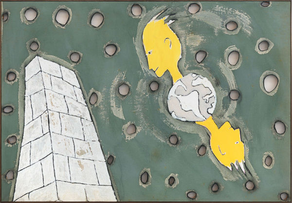 Leonilson Dois Jovens Com a Cabeça Fora da Terra, 1986 Tinta acrílica e recorte sobre lona 107 x 155 cm