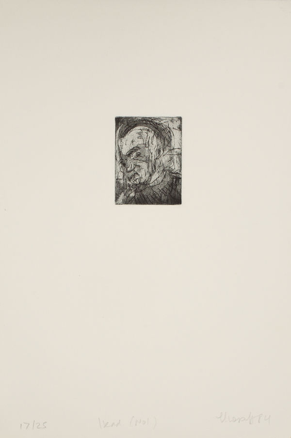 Leon Kossoff Head No 1, 1984 Etching on paper Paper size: 26 x 17 cms (10 1/4 x 6 11/16 ins) Plate size: 5 x 3.7 cms (1 15/16 x 1 7/16 ins)