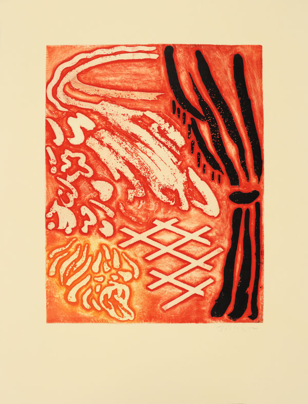 William Tillyer Interior at Fontenay aux Roses with Large Tortoise 'He derived, too, a peculiar pleasure in being in a richly illuminated room, the only person up and about amid shadow-haunted, sleeping houses. [...] Slowly, one by one, he went through the various shades, 1974/2018 Signed in pencil lower right (recto) Heavy relief and intaglio etching on 250 gsm Velin Arches Crème paper Paper size: 66 x 50.7 cms (26 x 20 ins) Image size: 45.4 x 35.4 cms (17 7/8 x 14 ins) EDITION 25 PROOFS 4AP 1PP PRINTER Clifton Editions PUBLISHED BY Bernard Jacobson Ltd., London, 2018