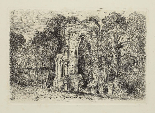 John Constable The Ruins of Netley Abbey, c.1816 Signed with the monogram in the plate Etching on Chine-collé on wove paper Plate size: 13.4 x 19.1 cms (5 1/4 x 7 1/2 ins) Paper size: 27 x 40.2 cms (10 5/8 x 15 13/16 ins) One of only two or possibly three etchings which were entirely executed by Constable