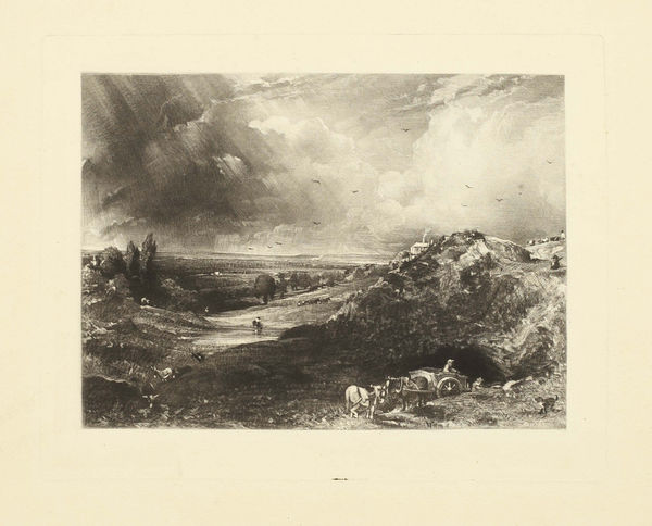 John Constable A Heath (Hampstead Heath, Stormy Noon - Sand Diggers), 1830 mezzotint on laid paper Image size: 14.1 x 19 cms (4 9/16 x 7 1/2 ins) Plate size: 17.3 x 22 cms (6 11/16 x 8 5/8 ins) Paper size: 31.9 x 40.5 cms (12 9/16 x 15 15/16 ins) Mezzotint by David Lucas, as directed by John Constable.