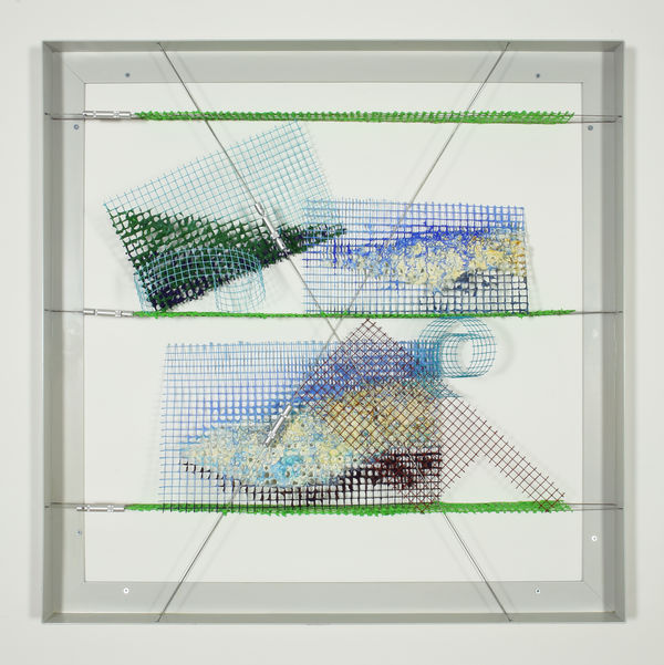 William Tillyer Three Green Fields with Two Clouds, 2020 Acrylic on wire mesh with wire and tensioners 103.5 x 103.5 x 17 cms (40 3/4 x 40 3/4 x 6 3/4 ins)