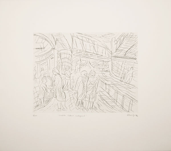 Leon Kossoff Outside Kilburn Underground Station, 1982 Drypoint etching on paper Paper size: 58.4 x 66 cms (23 x 26 ins) Plate size: 31 x 40.5 cms (12 3/16 x 15 15/16 ins)