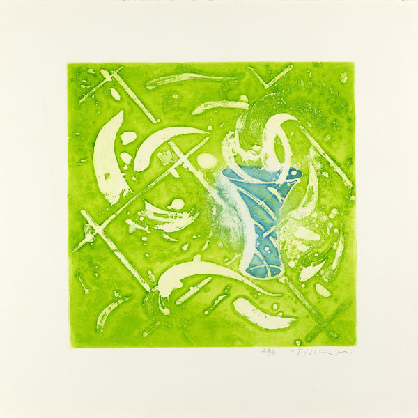 William Tillyer Blue Vase and Arrangement on Green Ground. For KST - The Scalby Suite, 2022 Signed in pencil lower right (recto) Etching, aquatint and embossing on paper Paper size: 58 x 58 cms (22 3/4 x 22 3/4 ins) Plate size: 39.5 x 39.5 cms (15 1/2 x 15 1/2 ins) EDITION 35 PROOFS 1 Proof PRINTER Bracken Press PUBLISHED BY Bernard Jacobson Ltd., London