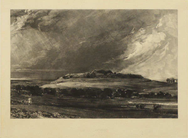 John Constable Old Sarum (Mound of the City of Old Sarum - Thunder Clouds) , 1829 Mezzotint on wove paper Image size: 14.1 x 21.5 cms (4 9/16 x 8 1/2 ins) Plate size: 18.6 x 25.2 cms (7 5/16 x 9 15/16 ins) Paper size: 25.1 x 37.3 cms (8 7/8 x 14 10/16 ins) Mezzotint by David Lucas, as directed by John Constable.