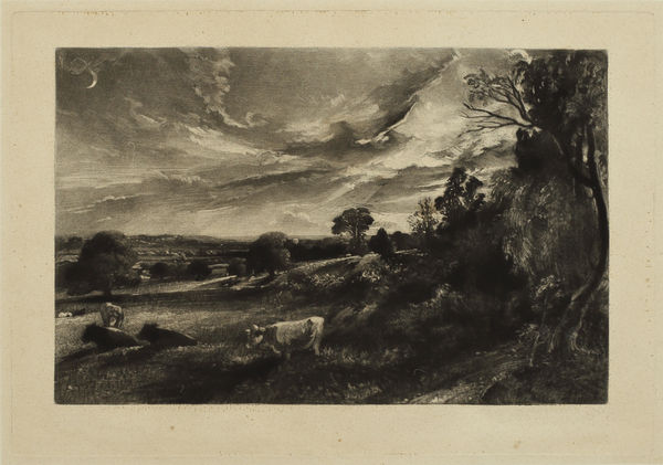 John Constable Summer Evening (A Homestead, Cattle Reposing), 1829 Mezzotint on laid paper Image size: 14.1 x 21.7 cms (5 9/16 x 8 1/8 ins) Plate size: 17.5 x 25.3 cms (6 7/8 x 10 ins) Paper size: 31.1 x 35.9 cms (12 1/4 x 14 1/8 ins) Mezzotint by David Lucas, as directed by John Constable.