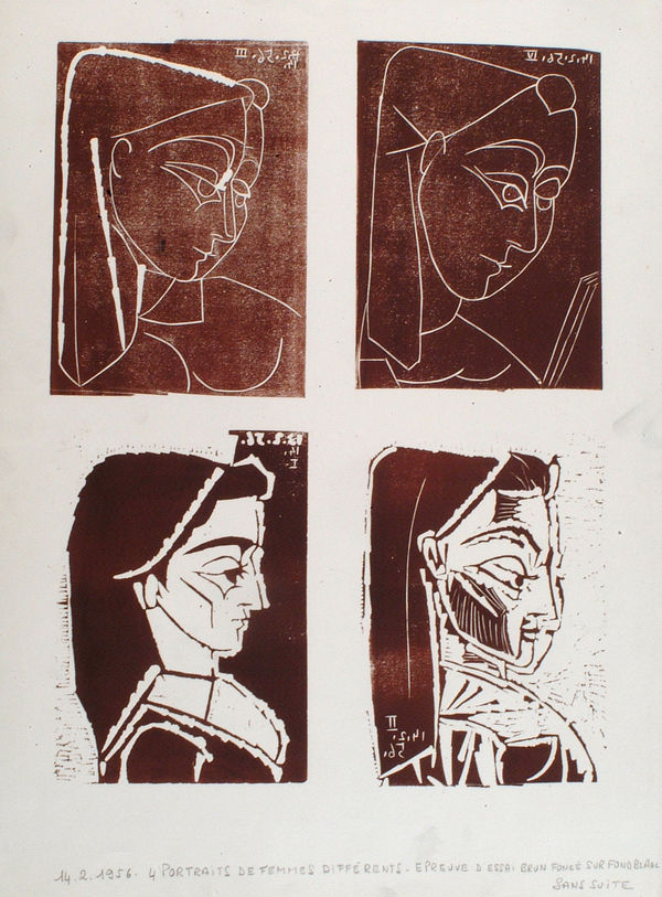 Pablo Picasso Profil de Jacqueline I, II, III, IV, 1956 Stamped in ink on the verso: 'Imprimerie Arnéra Archives / Non Signé'. Linocut Image Size : 50.5 x 41cm (19.9 x 16.1in) Sheet Size : 67.5 x 50.2cm (26.6 x 19.8in) Trial proof