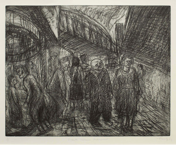 Leon Kossoff Outside Kilburn Underground, 1984 Etching with aquatint on paper Paper size: 59.1 x 66.7 cms (23 3/8 x 26 3/8 ins) Plate size: 40.6 x 50.8 cms (16 x 20 ins)