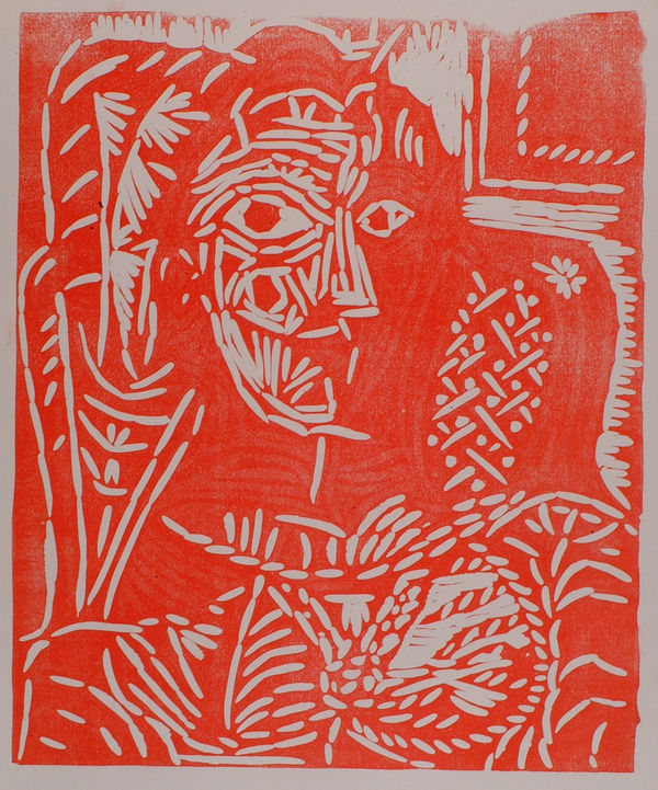 Pablo Picasso Portrait de Jacqueline au Fauteuil , 1958 Linoleum cut printed in red on pink wove paper 64 x 53.1 cms