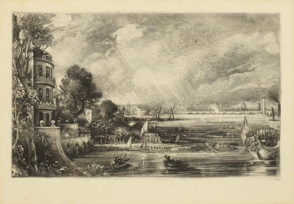 John Constable Opening of Waterloo Bridge (18th June 1817) , c. 1830 mezzotint on wove paper Image size: 13.7 x 22.2 cms (5 3/4 x 8 3/4 ins) Plate size: 17.5 x 24.5 cms (7 15/16 x 9 5/8 ins) Paper size: 30 x 36.5 cms (11 13/16 x 14 3/8 ins) Mezzotint by David Lucas, as directed by John Constable.