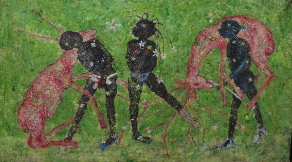 INHABIT THE EARTH 152 x 275 cm Acrylic, wood powder and shavings, Pastels and glue on canvas 2022