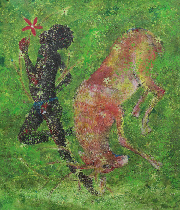 THE RED FLOWER 155 x 132 cm Acrylic, wood powder and shavings, Pastels and glue on canvas 2022