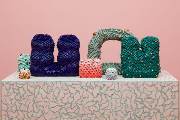 Close up installation shot of somebody showing works from a front view.