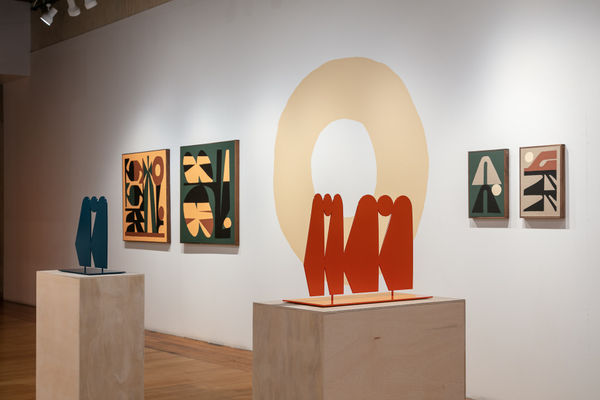 Installation view of the back right wall. Left to right: Mid Level Manipulated Time Stretch on plywood pedestal, Mostly Inanimate Subject Matter pair, What Is Time Stretching and When Would You Use It? on plywood pedestal, Aftertouch, and Vibrato Depth.