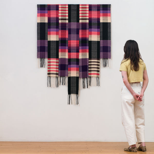 Paolo Arao, Étude (Mandarin), hand-stitched cotton thread, pieced + sewn cotton and denim, and hand-woven cotton in a wood frame, 12 x 9 in. (30.5 x 22.9 cm)