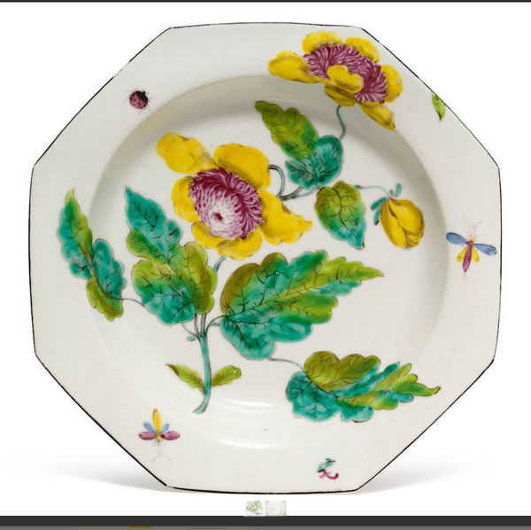 An extremely rare and very well painted Bow Botanical Octagonal Deep Dessert Plate, Circa 1755