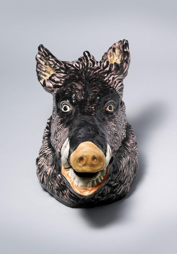 An Extremely Rare Saint Omer Faience Boar Tureen and Cover, Circa 1751-1788